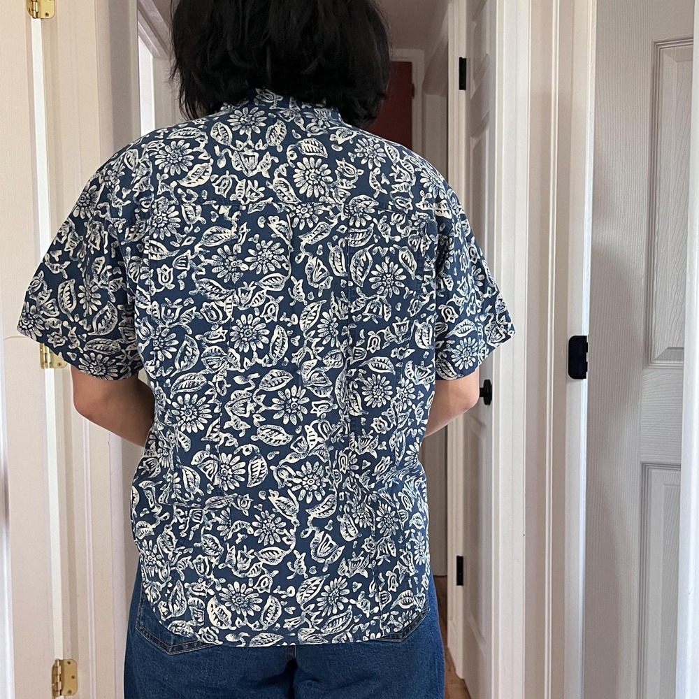 vintage 90s blue floral short sleeve‎ button down cotton shirt Petite small - Picture 5 of 12